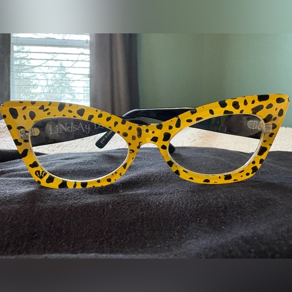Lindsay Lowe Yellow Leopard Print Cat Eye Glasses- prescription free - Picture 2 of 10